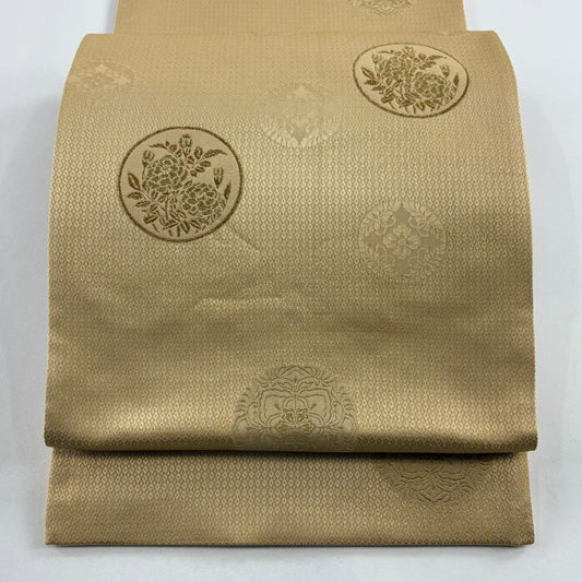 袋帶 秀品級 圓文 草花紋 金絲 淺茶色 大鼓圖案 純蠶絲