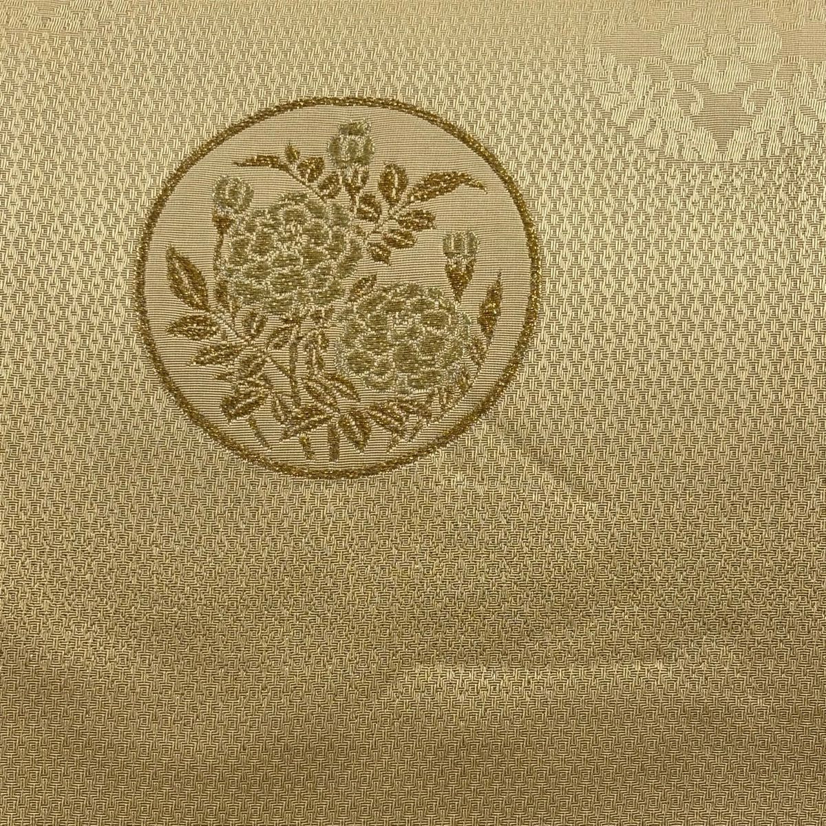 袋帶 秀品級 圓文 草花紋 金絲 淺茶色 大鼓圖案 純蠶絲
