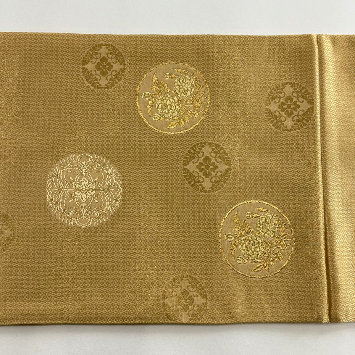 袋帶 秀品級 圓文 草花紋 金絲 淺茶色 大鼓圖案 純蠶絲