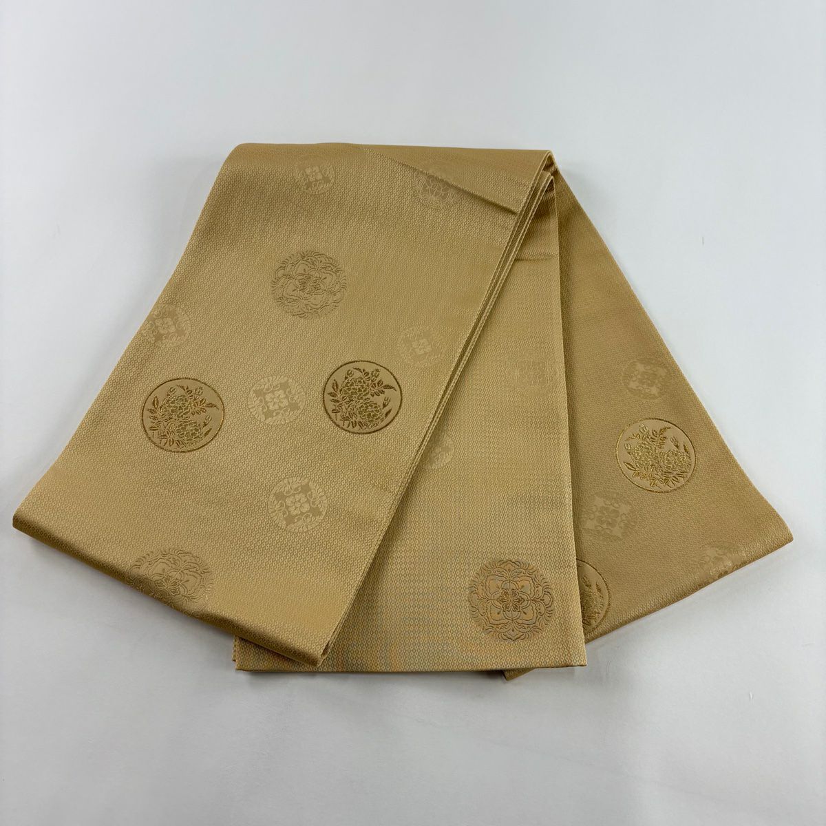 袋帶 秀品級 圓文 草花紋 金絲 淺茶色 大鼓圖案 純蠶絲