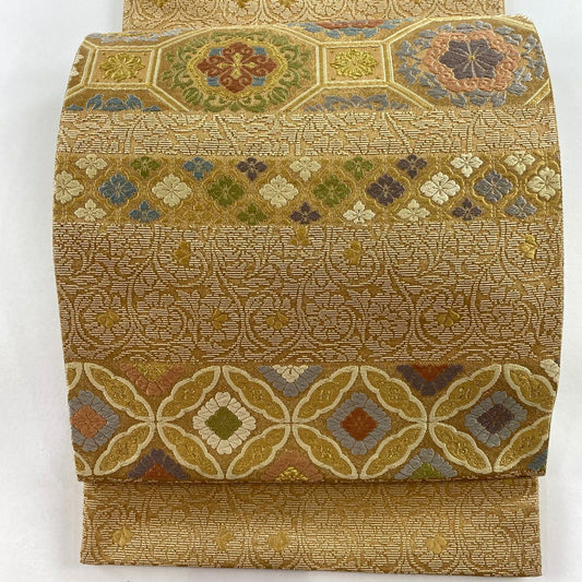 【庫存清倉】 【美品】 袋帶 名品級 蜀江華紋 七寶 金絲 唐織 淺茶 深色 六通 純蠶絲