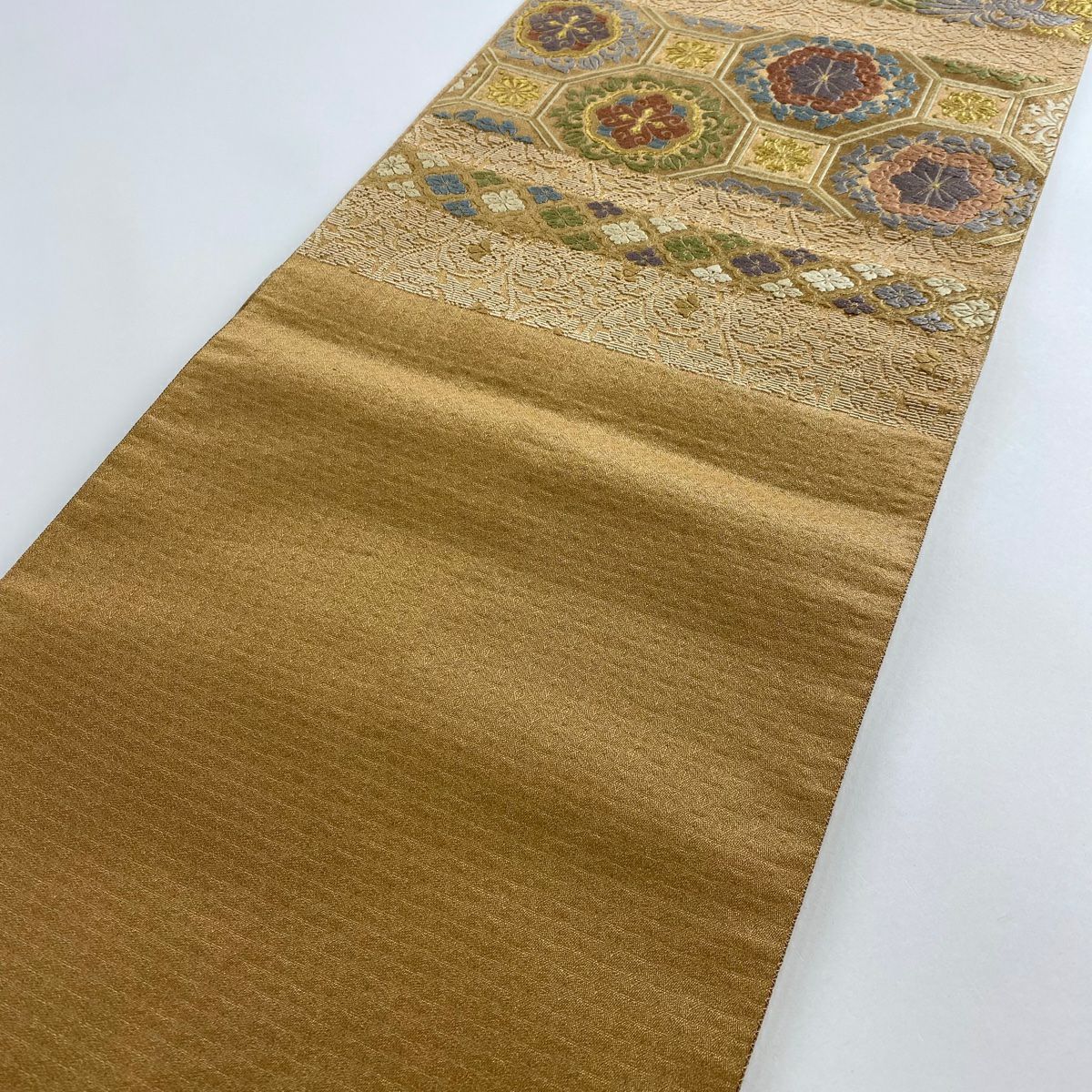【庫存清倉】 【美品】 袋帶 名品級 蜀江華紋 七寶 金絲 唐織 淺茶 深色 六通 純蠶絲