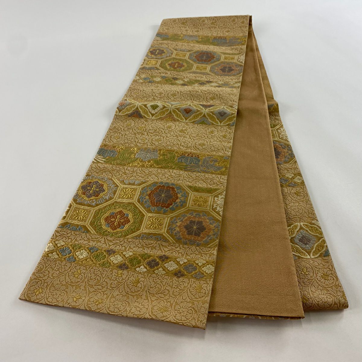 【庫存清倉】 【美品】 袋帶 名品級 蜀江華紋 七寶 金絲 唐織 淺茶 深色 六通 純蠶絲