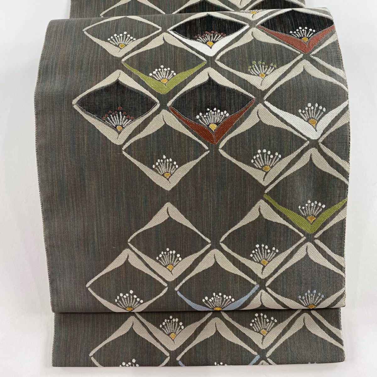 【庫存清倉】 【美品】 袋帶 名品級 花 金絲 灰色 六通 純蠶絲