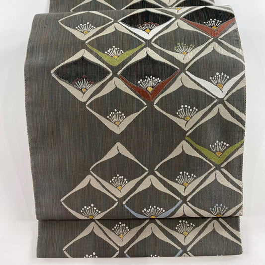 【庫存清倉】 【美品】 袋帶 名品級 花 金絲 灰色 六通 純蠶絲
