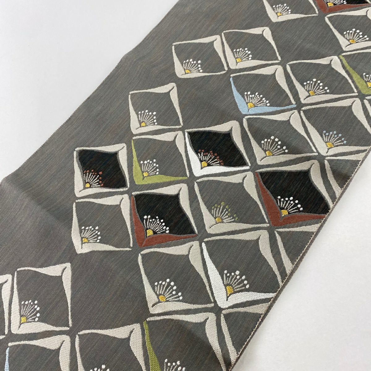 【庫存清倉】 【美品】 袋帶 名品級 花 金絲 灰色 六通 純蠶絲