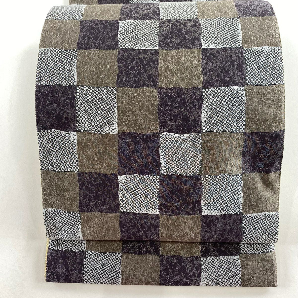 【庫存清倉】 【美品】 袋帶 名品級 雙面 市松樹 幾何學 銀線 金金箔 灰紫 六通 純蠶絲