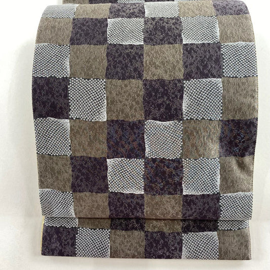 【庫存清倉】 【美品】 袋帶 名品級 雙面 市松樹 幾何學 銀線 金金箔 灰紫 六通 純蠶絲