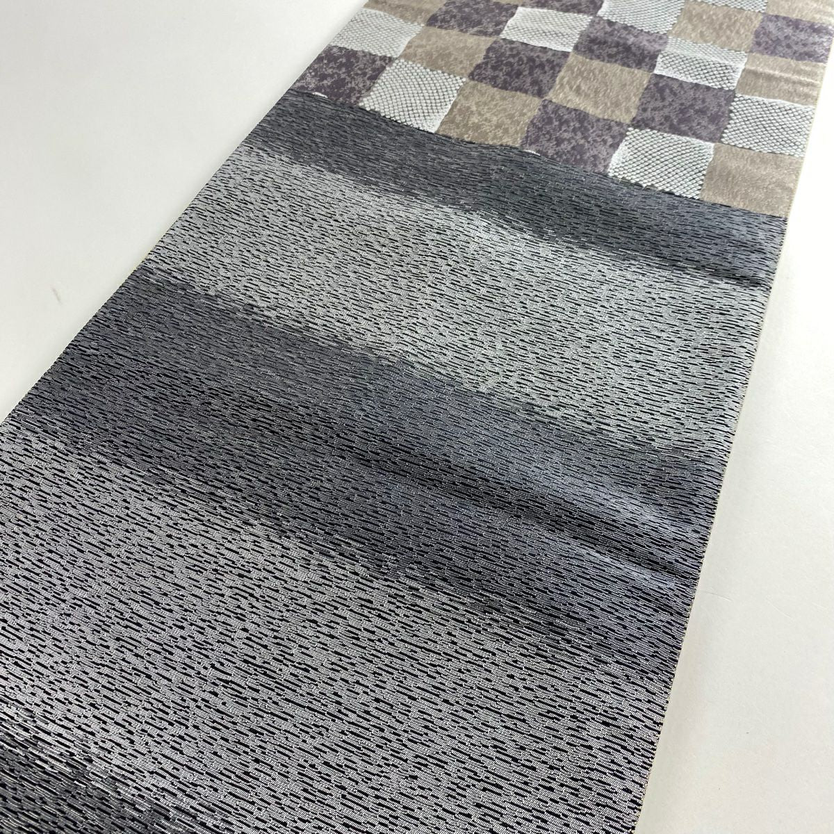 【庫存清倉】 【美品】 袋帶 名品級 雙面 市松樹 幾何學 銀線 金金箔 灰紫 六通 純蠶絲