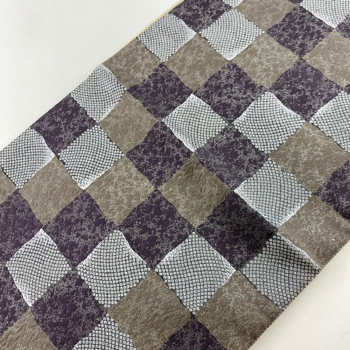 【庫存清倉】 【美品】 袋帶 名品級 雙面 市松樹 幾何學 銀線 金金箔 灰紫 六通 純蠶絲