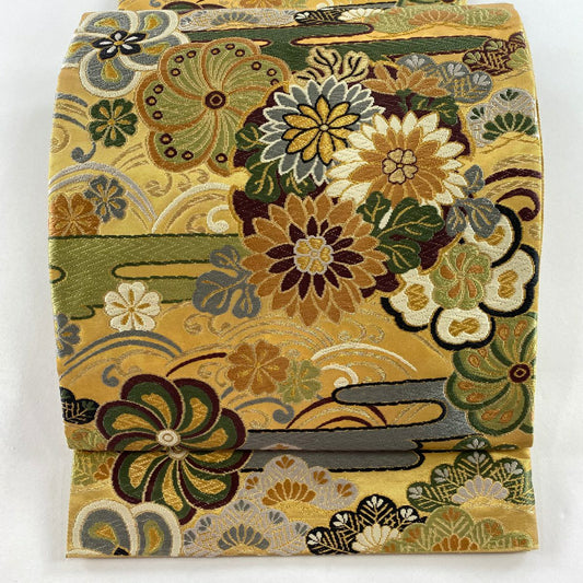 【清倉特賣】 【美品】 袋帶 名品級 草花紋紋 霞 金絲 唐織 金色 六通 純蠶絲