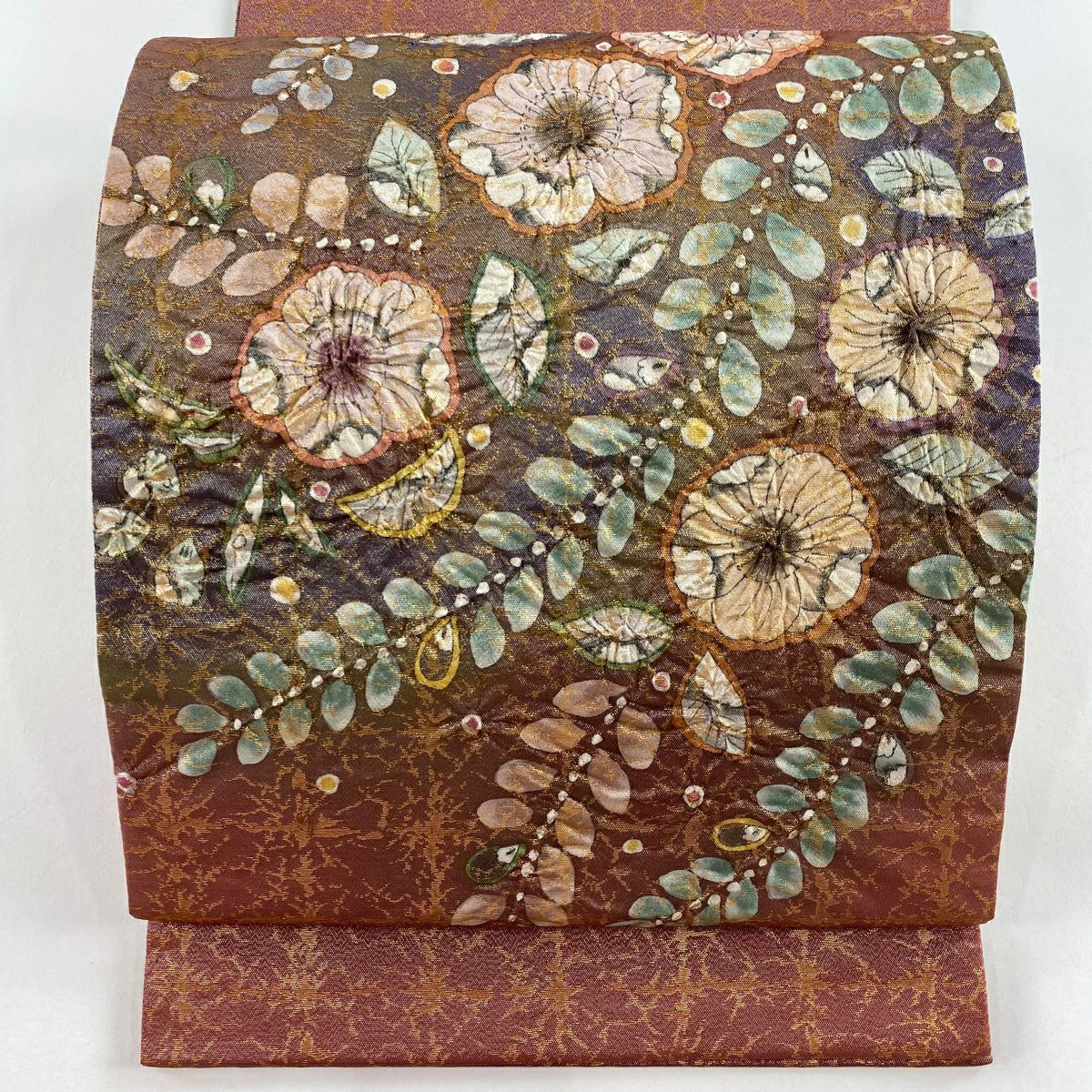 【庫存清倉】 【美品】 袋帶 名品級 附落款 辻花染 金金箔 茜 紅色 お太鼓圖案 純蠶絲