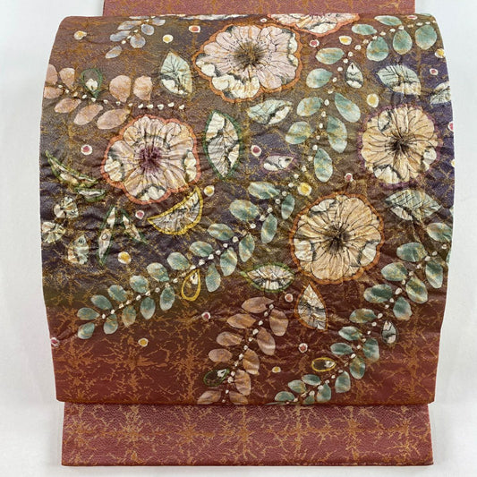 【庫存清倉】 【美品】 袋帶 名品級 附落款 辻花染 金金箔 茜 紅色 お太鼓圖案 純蠶絲
