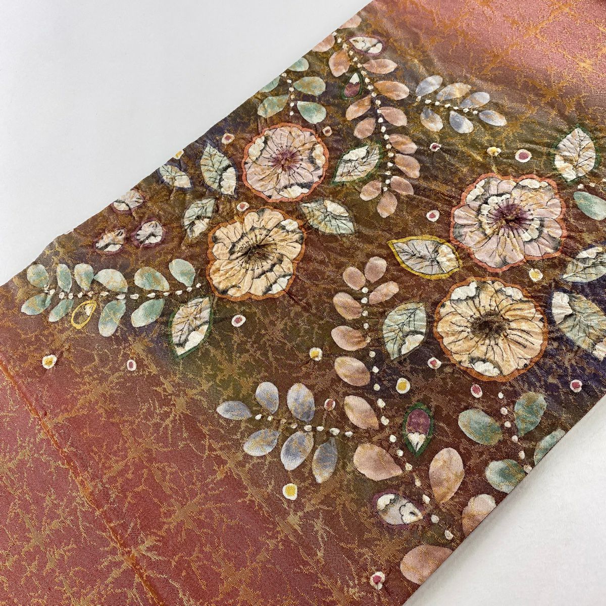 【庫存清倉】 【美品】 袋帶 名品級 附落款 辻花染 金金箔 茜 紅色 お太鼓圖案 純蠶絲