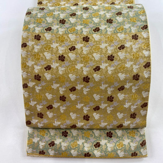 【清倉特賣】 【美品】 袋帶 名品級 花唐草紋 金絲 米色 六通 純蠶絲