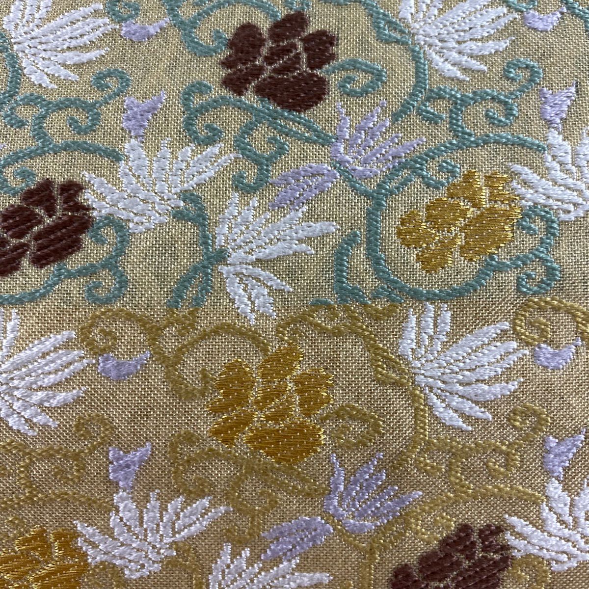 【清倉特賣】 【美品】 袋帶 名品級 花唐草紋 金絲 米色 六通 純蠶絲