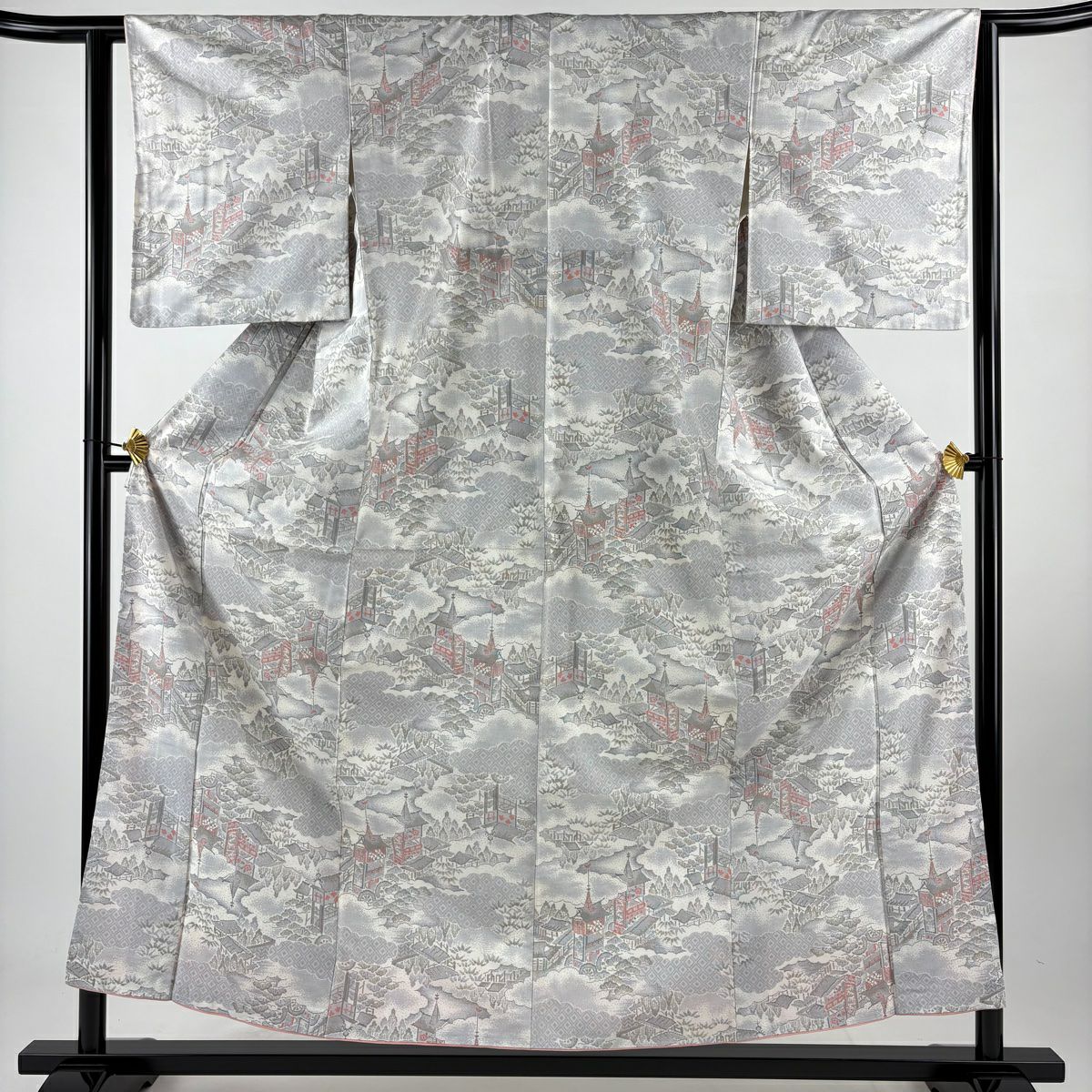 【美品】 紬織 身長157.5cm 袖長62cm S 雙層 山鉾 雲文 灰 純蠶絲 名品級