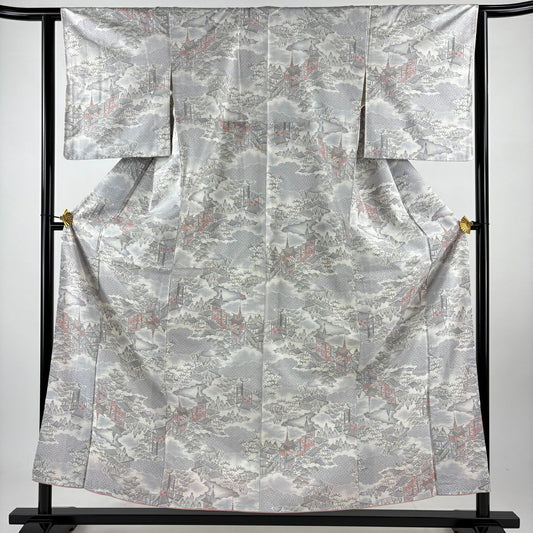 【美品】 紬織 身長157.5cm 袖長62cm S 雙層 山鉾 雲文 灰 純蠶絲 名品級