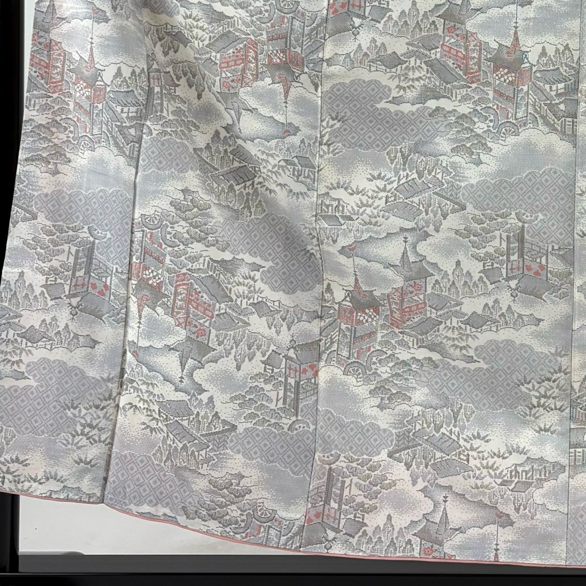 【美品】 紬織 身長157.5cm 袖長62cm S 雙層 山鉾 雲文 灰 純蠶絲 名品級