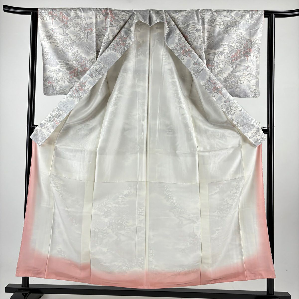 【美品】 紬織 身長157.5cm 袖長62cm S 雙層 山鉾 雲文 灰 純蠶絲 名品級