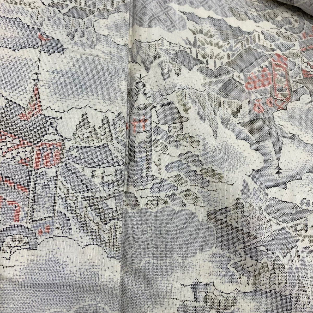 【美品】 紬織 身長157.5cm 袖長62cm S 雙層 山鉾 雲文 灰 純蠶絲 名品級