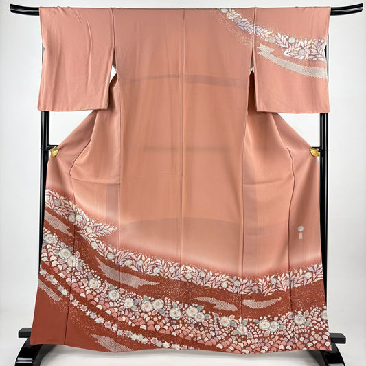 【美品】訪問服 身長163cm 袖長67cm M 雙層 翠山工房 落款あり 辻花染 疋田柄 漸層 粉紅 純蠶絲 名品級