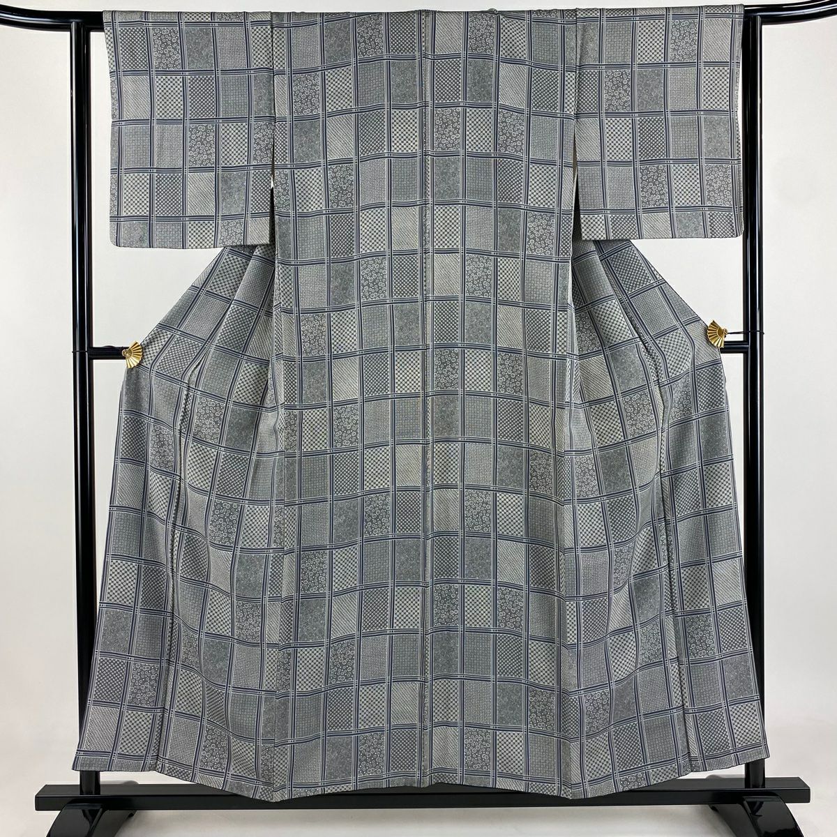 【庫存清倉】 小紋 身長155.5cm 袖長62.5cm S 雙層 格子 寄花紋 灰色 純蠶絲 名品級
