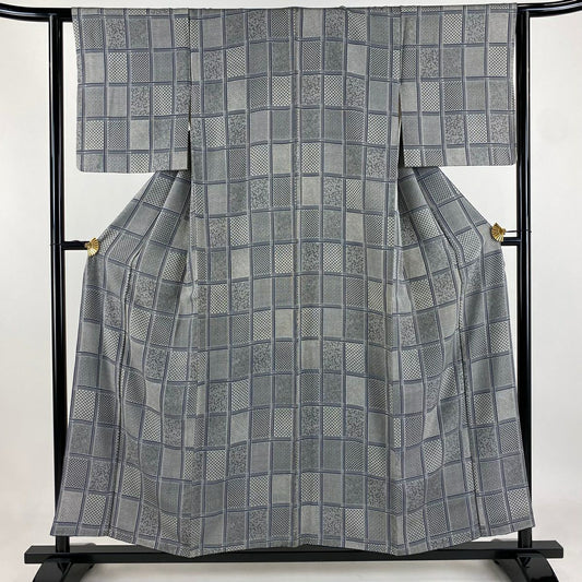 【庫存清倉】 小紋 身長155.5cm 袖長62.5cm S 雙層 格子 寄花紋 灰色 純蠶絲 名品級