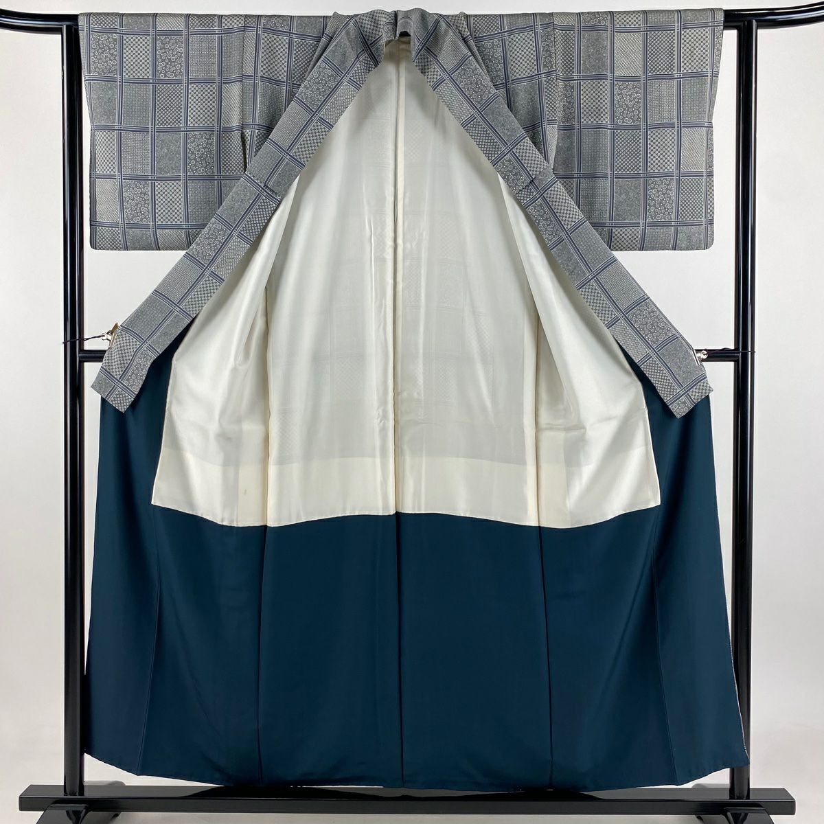 【庫存清倉】 小紋 身長155.5cm 袖長62.5cm S 雙層 格子 寄花紋 灰色 純蠶絲 名品級