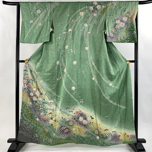 【庫存清倉】訪問服 身長161cm 袖長64.5cm M 雙層 辻花染 金彩裝飾 漸層 綠 純蠶絲 名品級