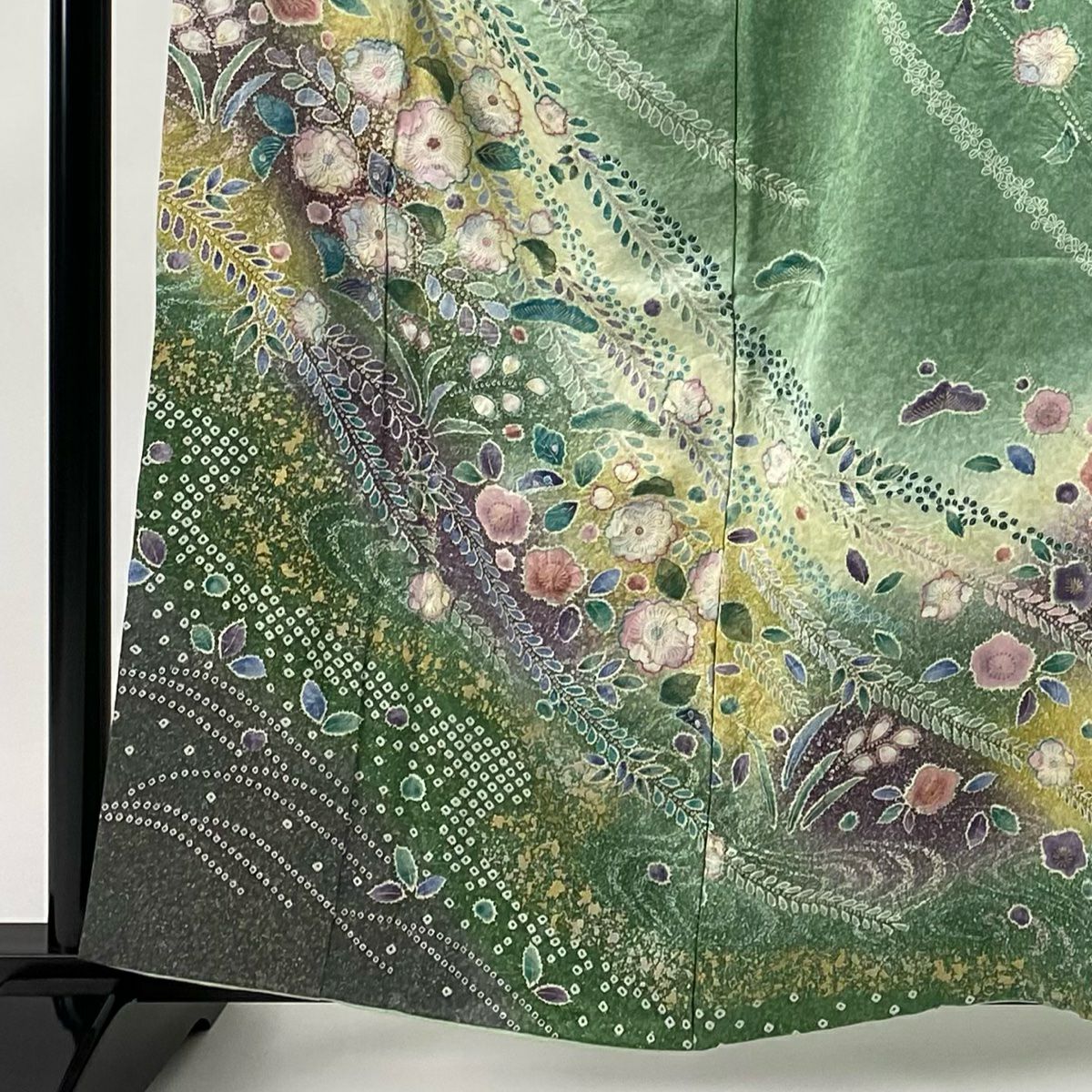 【庫存清倉】訪問服 身長161cm 袖長64.5cm M 雙層 辻花染 金彩裝飾 漸層 綠 純蠶絲 名品級