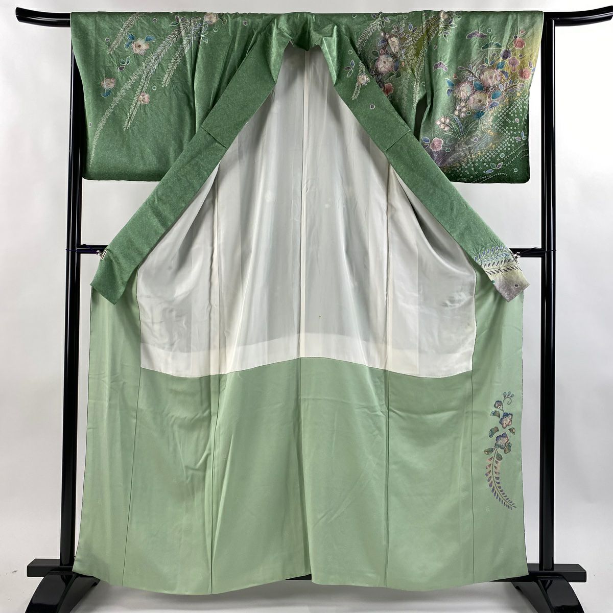 【庫存清倉】訪問服 身長161cm 袖長64.5cm M 雙層 辻花染 金彩裝飾 漸層 綠 純蠶絲 名品級