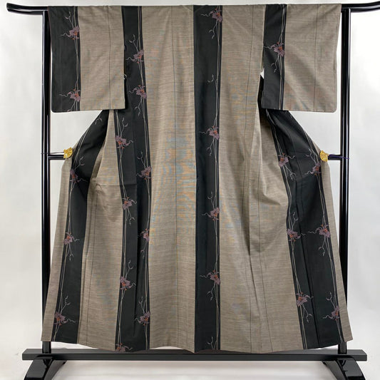 【庫存清倉】 大島紬織 身長154.5cm 袖長63.5cm S 雙層 證書齊全 草花紋紋 條紋 焦茶 純蠶絲 名品級