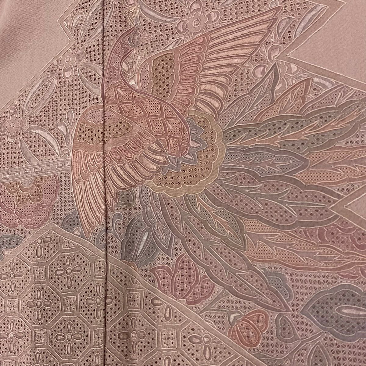 【庫存清倉】 付下 身長158cm 袖長62cm S 雙層 鳳凰 草花紋刺繡 粉紅 純蠶絲 名品級