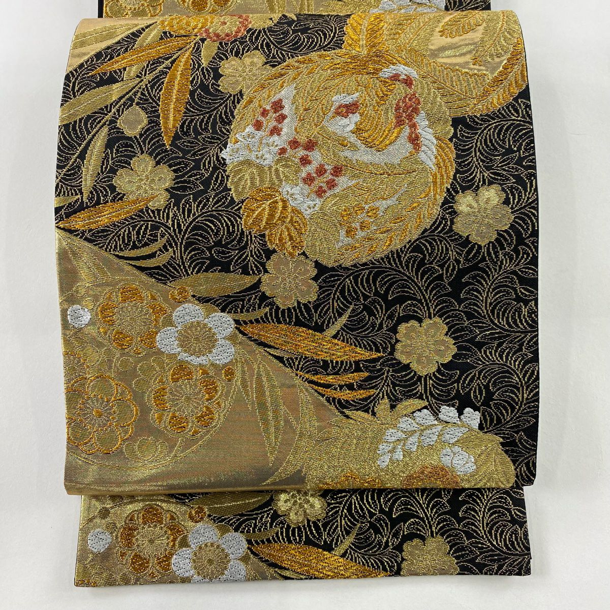 【美品】 袋帶 秀品級 仙鶴 松樹竹子梅花 金金箔 金色 六通 純蠶絲