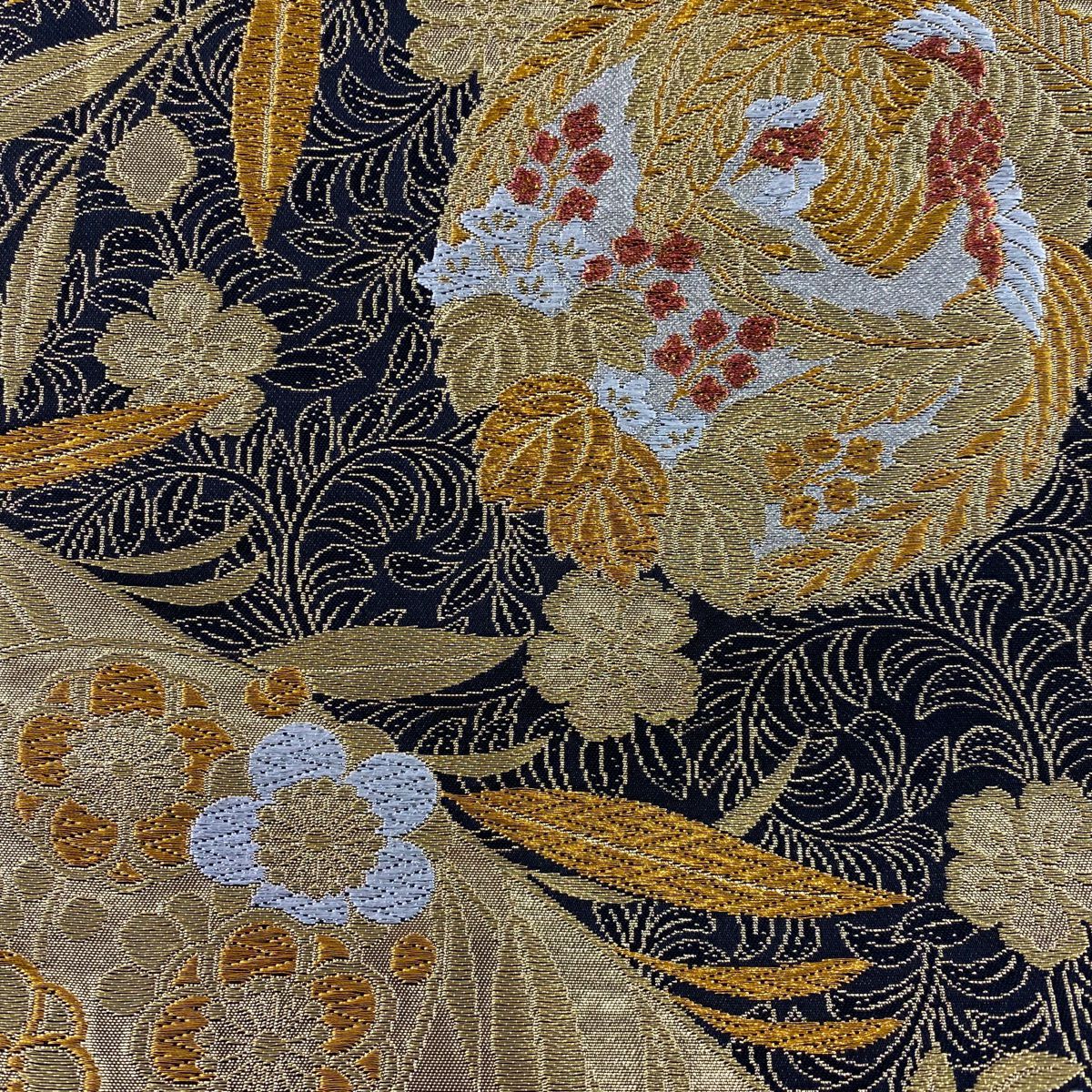 【美品】 袋帶 秀品級 仙鶴 松樹竹子梅花 金金箔 金色 六通 純蠶絲