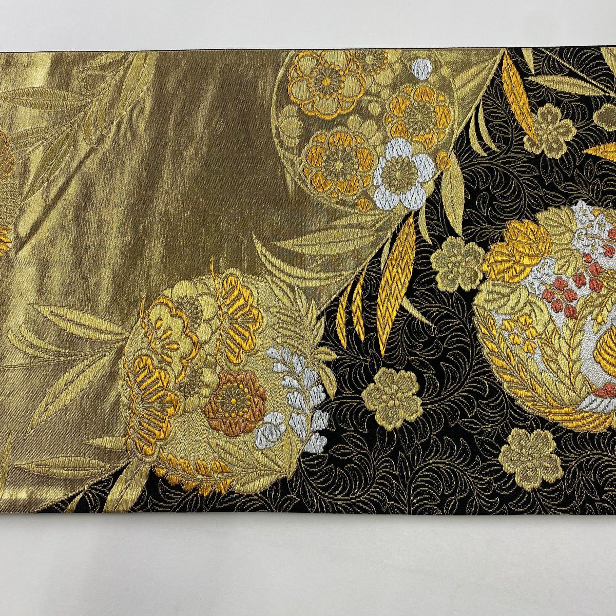 【美品】 袋帶 秀品級 仙鶴 松樹竹子梅花 金金箔 金色 六通 純蠶絲