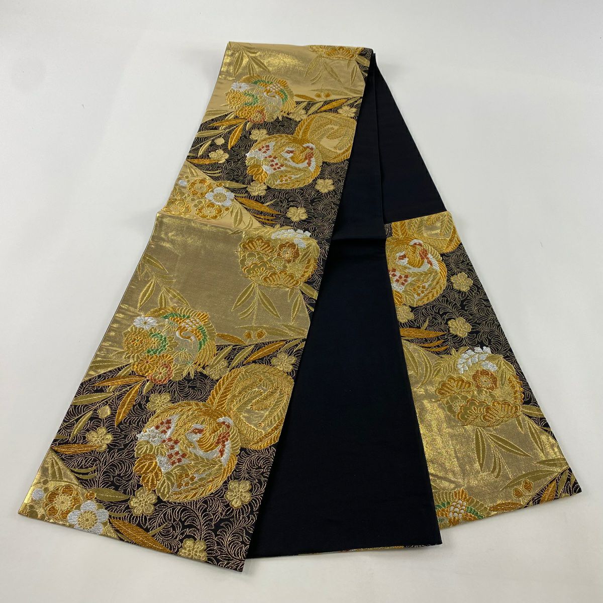 【美品】 袋帶 秀品級 仙鶴 松樹竹子梅花 金金箔 金色 六通 純蠶絲