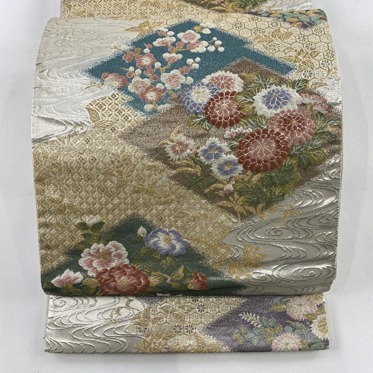 袋帶 秀品級 菊花 枝梅花 金金箔 唐織 米色 六通 純蠶絲