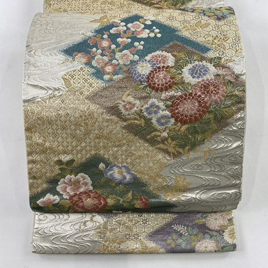 袋帶 秀品級 菊花 枝梅花 金金箔 唐織 米色 六通 純蠶絲