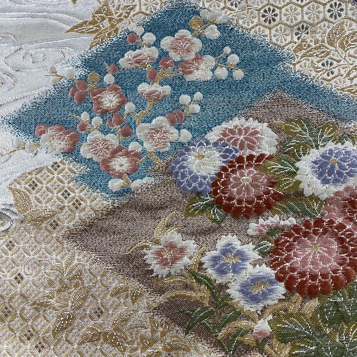 袋帶 秀品級 菊花 枝梅花 金金箔 唐織 米色 六通 純蠶絲