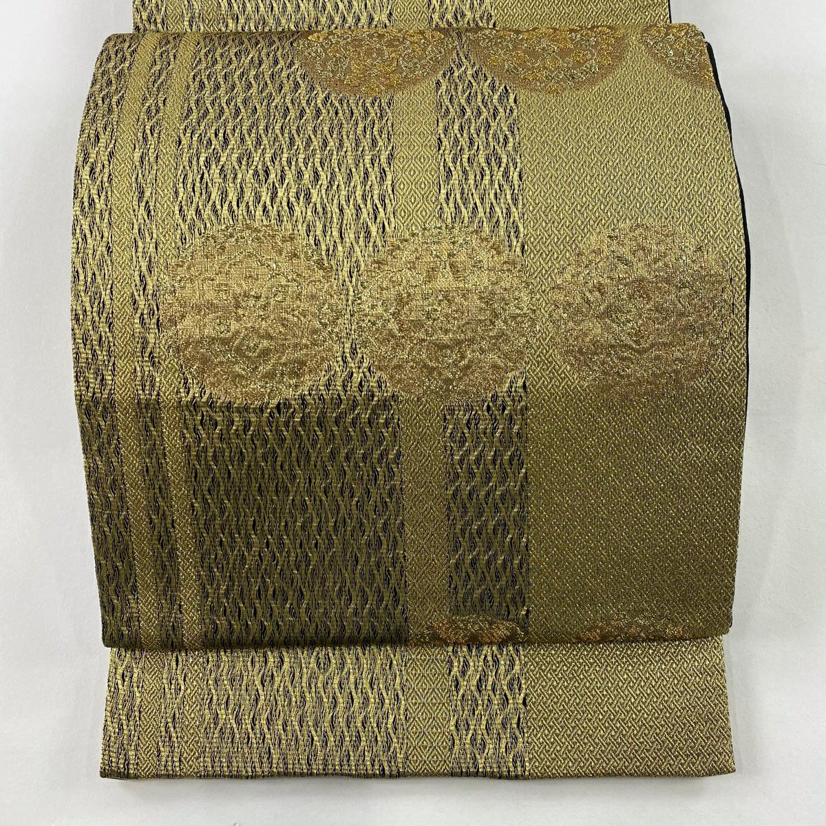 【美品】 袋帶 秀品級 華紋 縞 金金箔 金線 金 六通 純蠶絲
