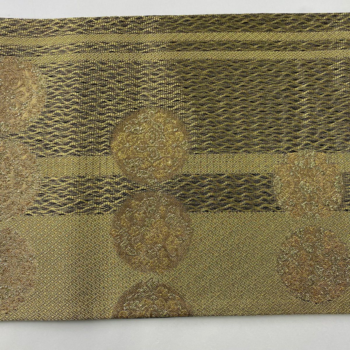 【美品】 袋帶 秀品級 華紋 縞 金金箔 金線 金 六通 純蠶絲