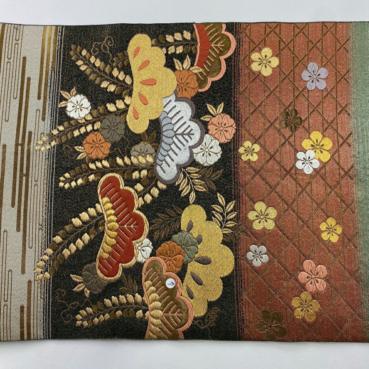 袋帶 秀品級 松樹梅花 桐 金金箔 唐織 紅茶 全通 純蠶絲