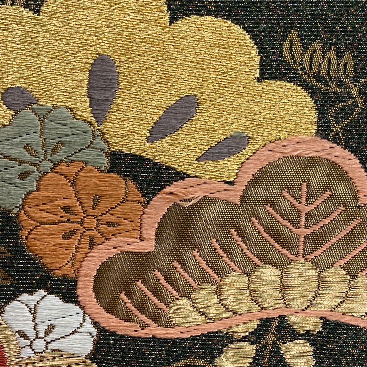 袋帶 秀品級 松樹梅花 桐 金金箔 唐織 紅茶 全通 純蠶絲