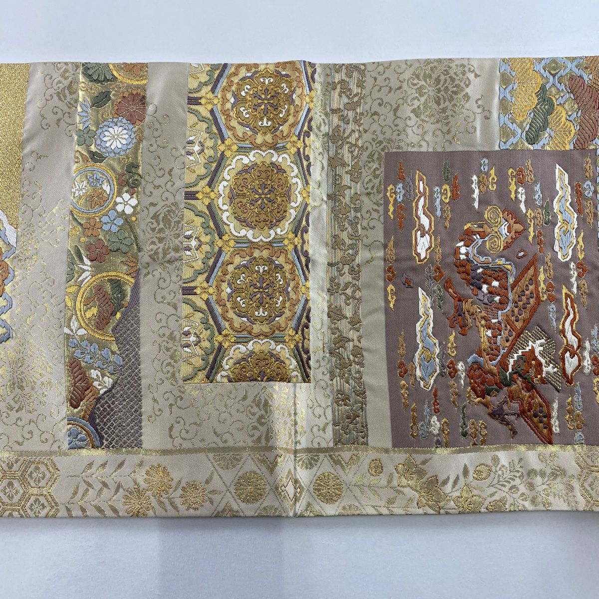 袋帶 秀品級 關西仕立 華紋 龍 金絲 唐織 米色 六通 純蠶絲