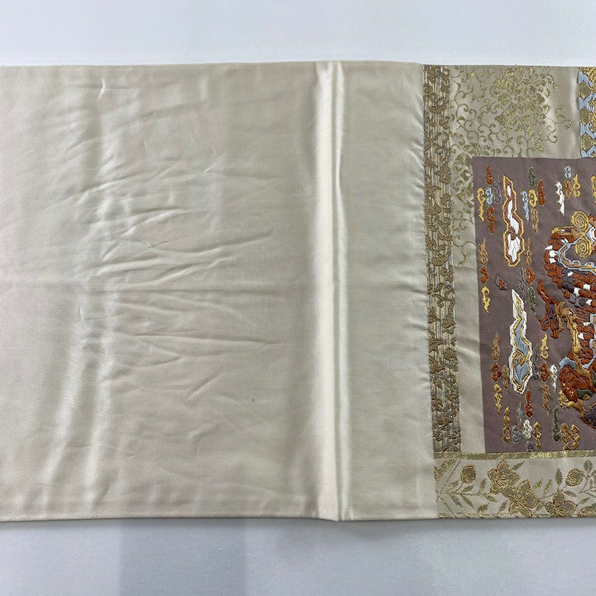 袋帶 秀品級 關西仕立 華紋 龍 金絲 唐織 米色 六通 純蠶絲