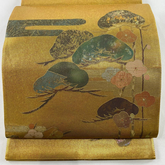 袋帶 秀品級 手織 螺鈿金金箔 松樹梅花 雲霞 金銀彩 金 純蠶絲