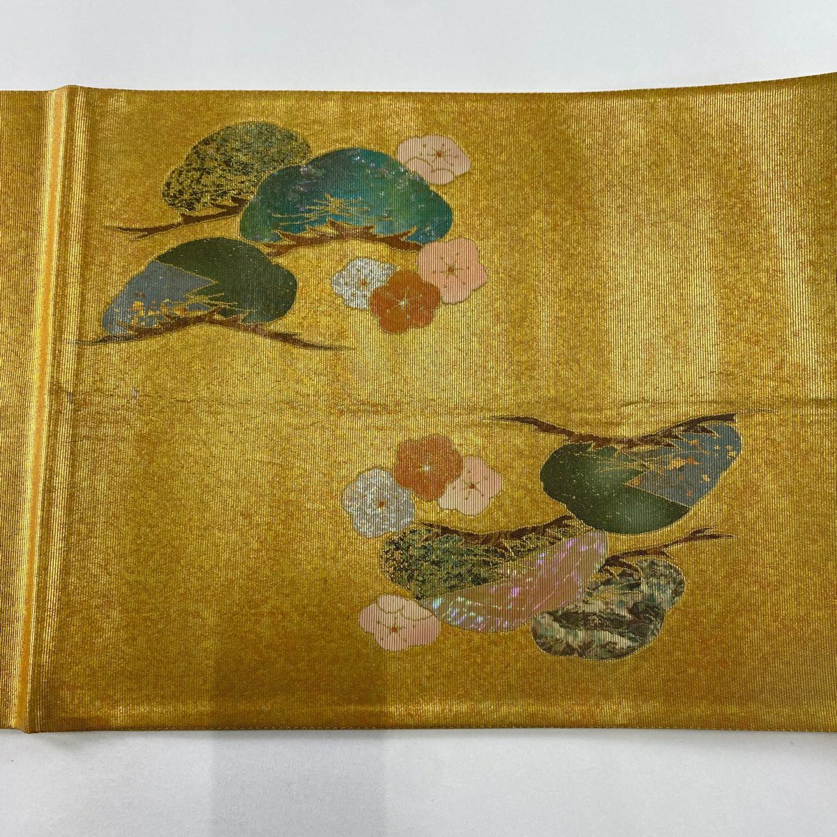 袋帶 秀品級 手織 螺鈿金金箔 松樹梅花 雲霞 金銀彩 金 純蠶絲
