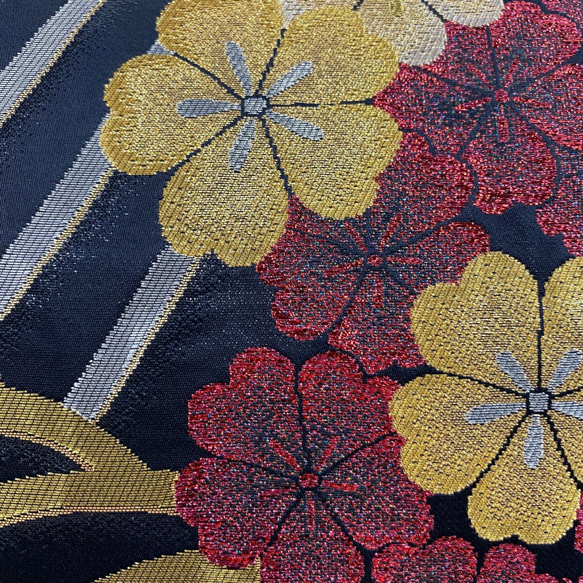 袋帶 秀品級 樱花 波 金銀線 金金箔 黑 六通 純蠶絲